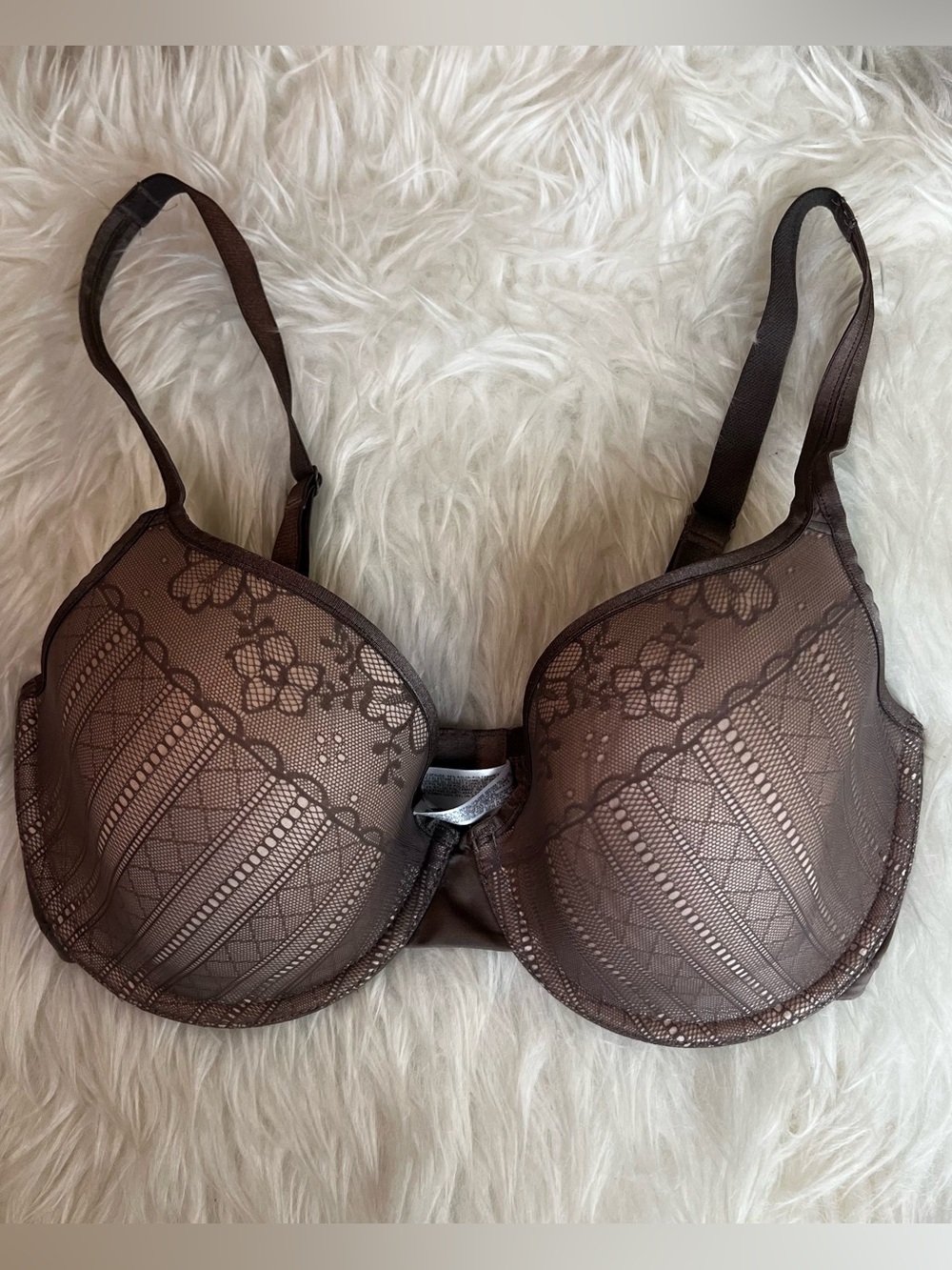 Wacoal Brown Lace-Overlay T-Shirt Bra Size 34DDD